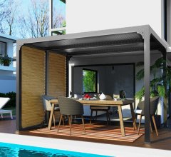 Pergola Bioclimatique avec ventelles imitation bois pour coté 3m, Aluminium gris anthracite, 2.40 x 3.00m, 7.20m²