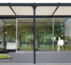 Pergola bioclimatique avec ventelles écru, Aluminium gris anthracite, 3.60 x 6.00 m, 21.5m²