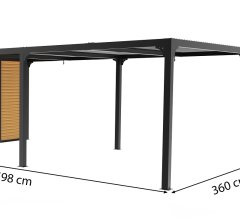 Pergola bioclimatique avec ventelles latérales coloris imitation bois pour côté 3,60 m, Aluminium gris anthracite, 3.60 x 6.00 m, 21.5m²