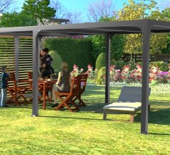 Pergola bioclimatique avec ventelles latérales coloris imitation bois pour côté 3,60 m, Aluminium gris anthracite, 3.60 x 6.00 m, 21.5m²