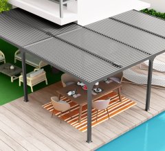 Pergola bioclimatique en "L" avec ventelles sur le toit, Aluminium gris anthracite, 7.10 x 6.00 x 3.60 x 3.00 x 3.60 x 3.00 m, 32.6m²