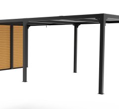 Pergola bioclimatique avec ventelles latérales coloris imitation bois pour côté 3,60 m, Aluminium gris anthracite, 3.60 x 6.00 m, 21.5m²