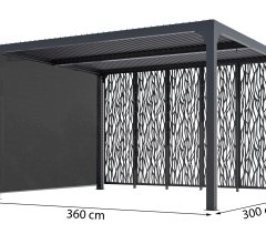 Pergola bioclimatique  avec panneaux moucharabieh coloris gris pour côté 3,60 m et rideau manuel coloris gris pour côté 3 m, Aluminium gris anthracite, 3.60 x 3.00 m, 10.80m²