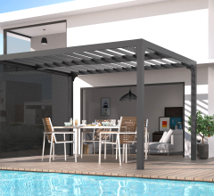 Pergola Bioclimatique avec ventelles et rideau manuel coloris gris pour coté 3m, Aluminium gris anthracite, 3.60 x 3.00m, 10.80m²