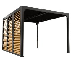 Pergola bioclimatique livrée avec des ventelles latérales aluminium mobiles couleur imitation bois pour côté 3,60 m, Aluminium gris anthracite, 3.60 x 3.00 m, 10.80m²