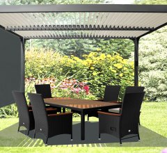 Pergola Bioclimatique avec ventelles écru et rideau manuel coloris gris pour coté 3m, Aluminium gris anthracite, 3.60 x 3.00m, 10.80m²