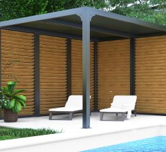 Pergola Bioclimatique avec ventelles aluminium imitation bois coté 3.60 x 3.00 m, Aluminium gris anthracite, 3.60 x 3.00m, 10.80m²