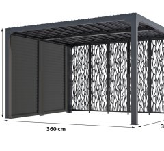 Pergola bioclimatique avec 5 panneaux moucharabieh coloris gris pour côté 3,60 m, Aluminium gris anthracite, 3.60 x 3.00 m, 10.80m²