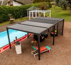 Pergola bioclimatique  avec 5 panneaux moucharabieh coloris gris pour côté 3,60 m, Aluminium gris anthracite, 3.60 x 6.00 m, 21.5m²