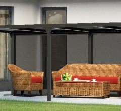 Pergola bioclimatique avec 2 rideaux manuels coloris gris pour côté de 5,98 m, Aluminium gris anthracite, 3.60 x 6.00 m, 21.5m²