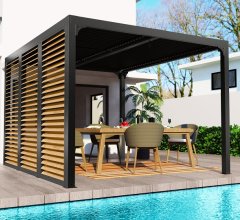 Pergola bioclimatique livrée avec des ventelles latérales aluminium mobiles couleur imitation bois pour côté 3,60 m, Aluminium gris anthracite, 3.60 x 3.00 m, 10.80m²