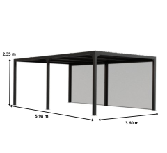 Pergola bioclimatique avec 2 rideaux manuels coloris gris pour côté de 5,98 m, Aluminium gris anthracite, 3.60 x 6.00 m, 21.5m²