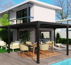 Pergola bioclimatique en "L" avec ventelles sur le toit, Aluminium gris anthracite, 7.10 x 6.00 x 3.60 x 3.00 x 3.60 x 3.00 m, 32.6m²