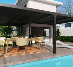 Pergola bioclimatique en "L" avec ventelles sur le toit, Aluminium gris anthracite, 7.10 x 6.00 x 3.60 x 3.00 x 3.60 x 3.00 m, 32.6m²