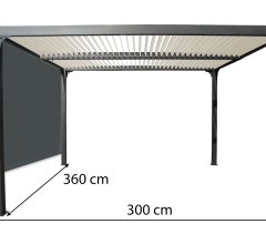 Pergola Bioclimatique avec ventelles écru et rideau manuel coloris gris pour coté 3m, Aluminium gris anthracite, 3.60 x 3.00m, 10.80m²