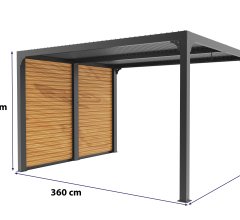 Pergola bioclimatique livrée avec des ventelles latérales aluminium mobiles imitation bois pour côté 3 m, Aluminium gris anthracite, 3.60 x 3.00 m, 10.80m²