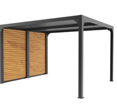 Pergola bioclimatique livrée avec des ventelles latérales aluminium mobiles imitation bois pour côté 3 m, Aluminium gris anthracite, 3.60 x 3.00 m, 10.80m²