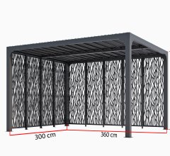 Pergola bioclimatique avec panneaux moucharabieh coloris gris pour côté 3 m + côté 3,60 m, Aluminium  gris anthracite, 3.60 x 3.00 m, 10.80m²