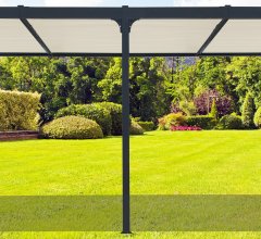 Pergola bioclimatique avec ventelles écru, Aluminium gris anthracite, 3.60 x 6.00 m, 21.5m²