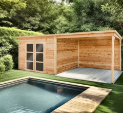 Abri Poolhouse Bahia avec bucher, Epicéa Madriers 28mm, 6.20 x 3.20m, 19.80m²