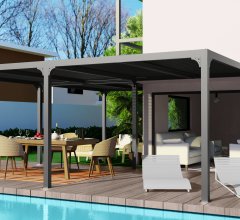 Pergola bioclimatique en "L" avec ventelles sur le toit, Aluminium gris anthracite, 7.10 x 6.00 x 3.60 x 3.00 x 3.60 x 3.00 m, 32.6m²